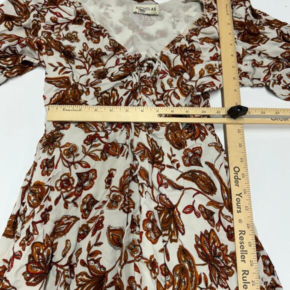 Nicholas Dress Womens 8 White Orange Floral‎ Printed Danielle Linen Midi - Picture 10 of 13